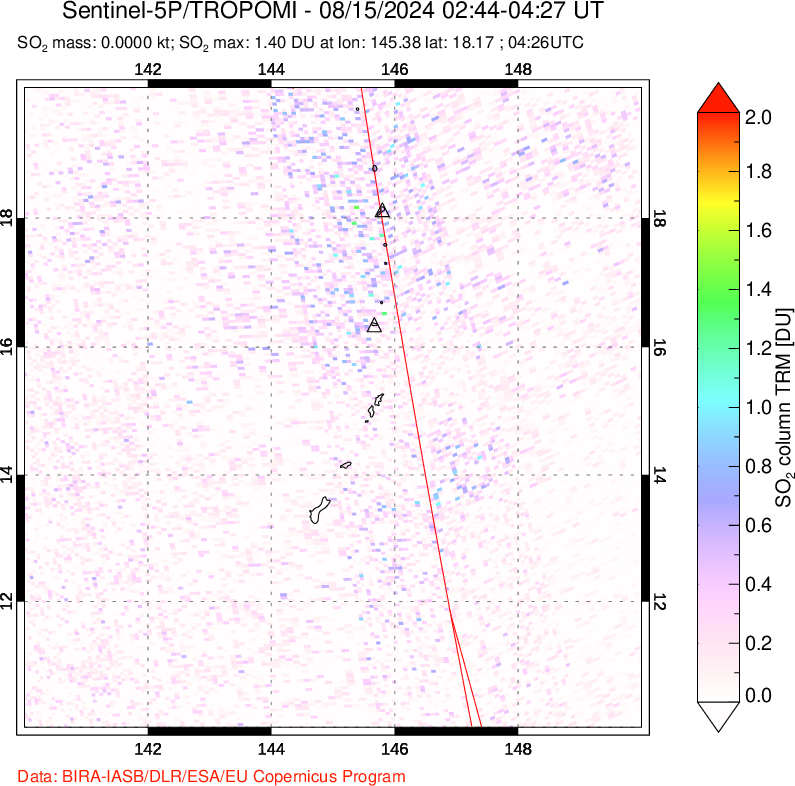 A sulfur dioxide image over Anatahan, Mariana Islands on Aug 15, 2024.