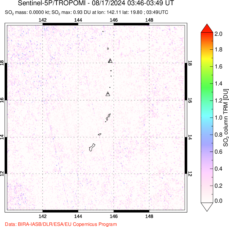 A sulfur dioxide image over Anatahan, Mariana Islands on Aug 17, 2024.