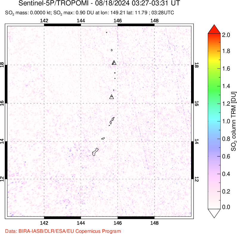 A sulfur dioxide image over Anatahan, Mariana Islands on Aug 18, 2024.