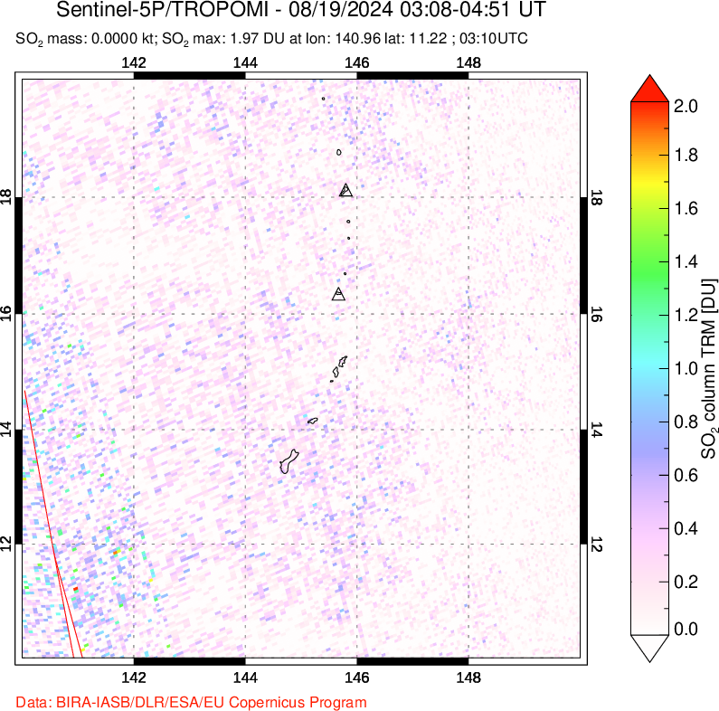 A sulfur dioxide image over Anatahan, Mariana Islands on Aug 19, 2024.