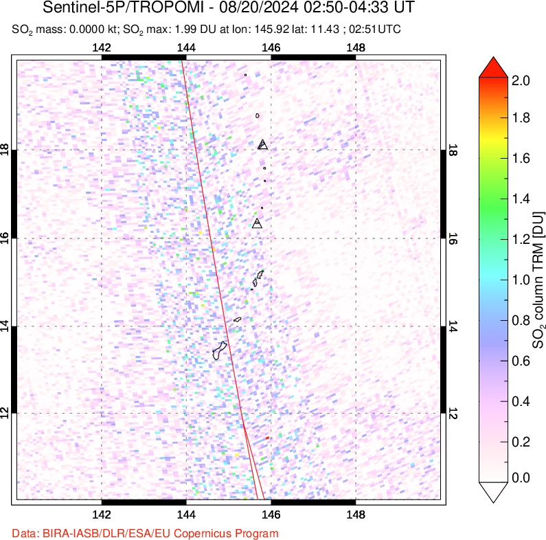 A sulfur dioxide image over Anatahan, Mariana Islands on Aug 20, 2024.