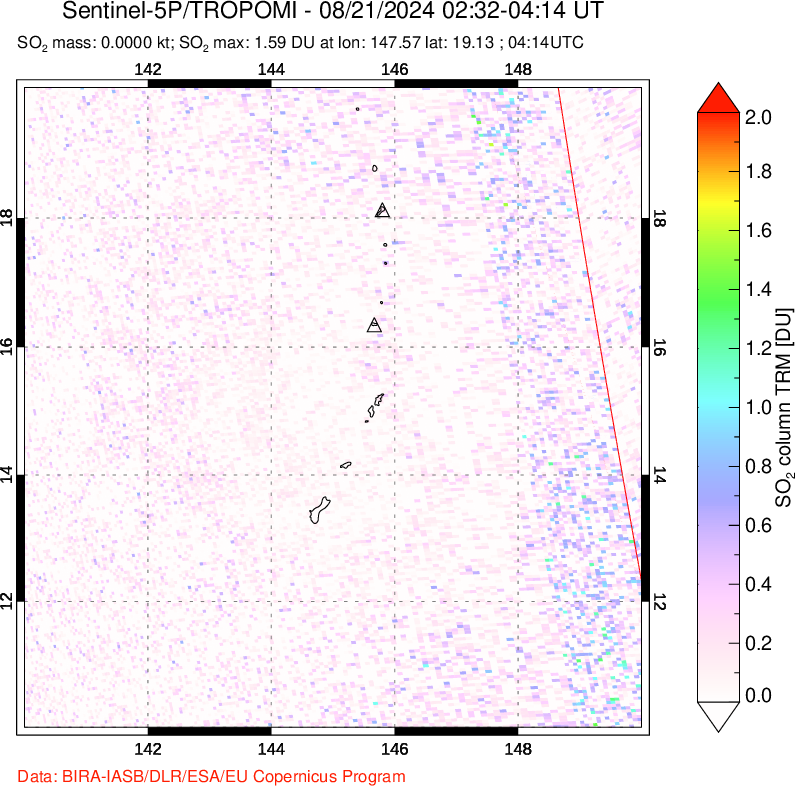 A sulfur dioxide image over Anatahan, Mariana Islands on Aug 21, 2024.