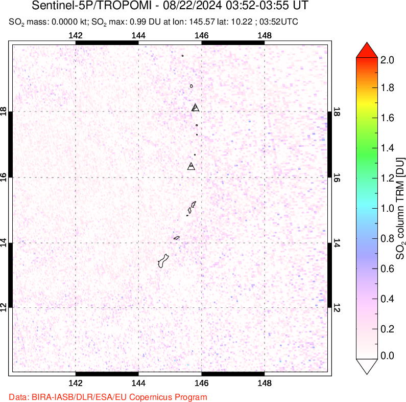 A sulfur dioxide image over Anatahan, Mariana Islands on Aug 22, 2024.