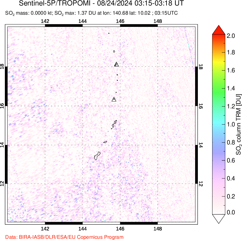 A sulfur dioxide image over Anatahan, Mariana Islands on Aug 24, 2024.