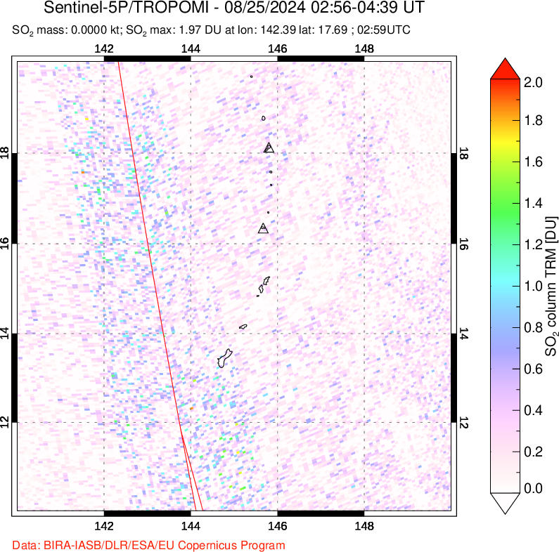 A sulfur dioxide image over Anatahan, Mariana Islands on Aug 25, 2024.