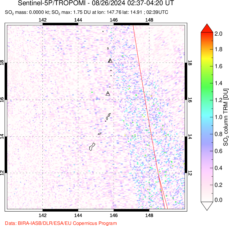 A sulfur dioxide image over Anatahan, Mariana Islands on Aug 26, 2024.