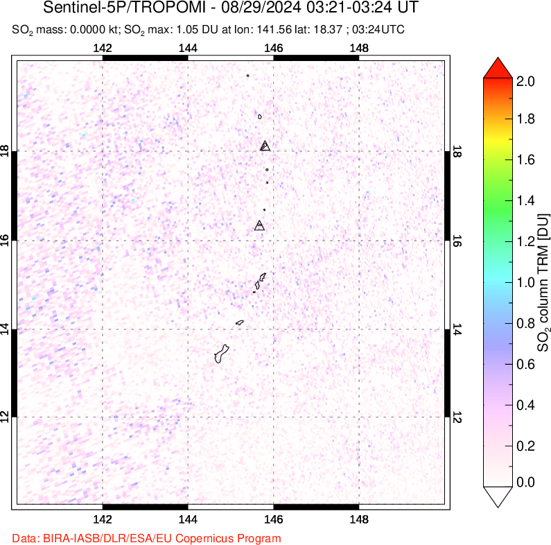 A sulfur dioxide image over Anatahan, Mariana Islands on Aug 29, 2024.