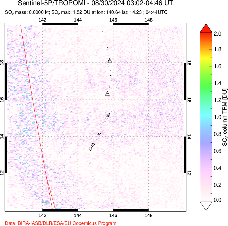 A sulfur dioxide image over Anatahan, Mariana Islands on Aug 30, 2024.