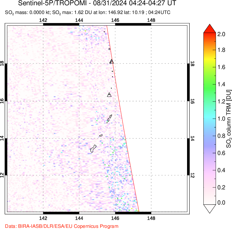 A sulfur dioxide image over Anatahan, Mariana Islands on Aug 31, 2024.