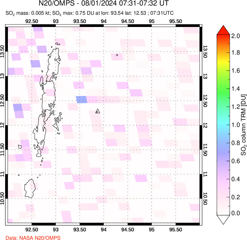 A sulfur dioxide image over Andaman Islands, Indian Ocean on Aug 01, 2024.