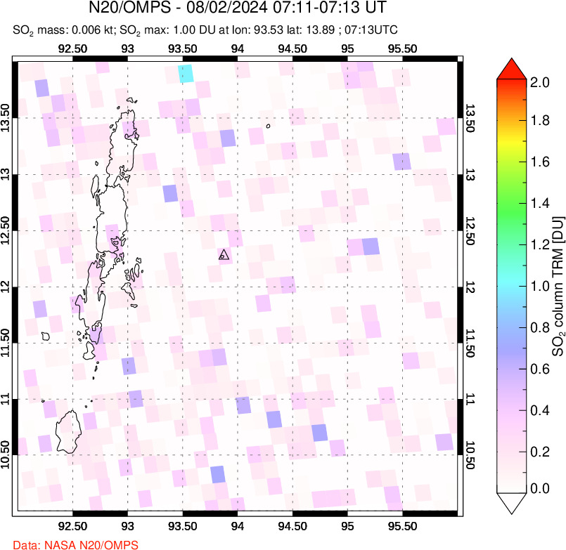 A sulfur dioxide image over Andaman Islands, Indian Ocean on Aug 02, 2024.