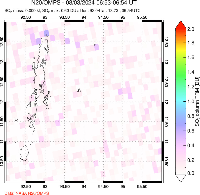 A sulfur dioxide image over Andaman Islands, Indian Ocean on Aug 03, 2024.