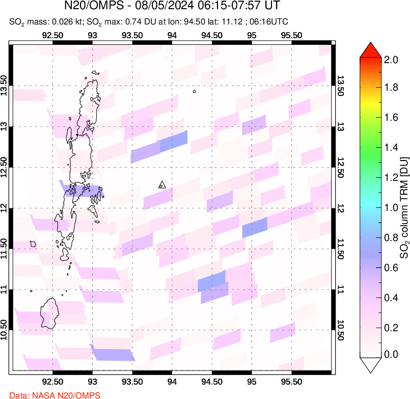 A sulfur dioxide image over Andaman Islands, Indian Ocean on Aug 05, 2024.