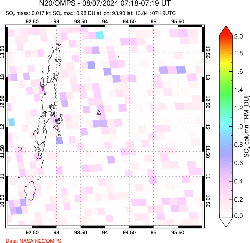 A sulfur dioxide image over Andaman Islands, Indian Ocean on Aug 07, 2024.