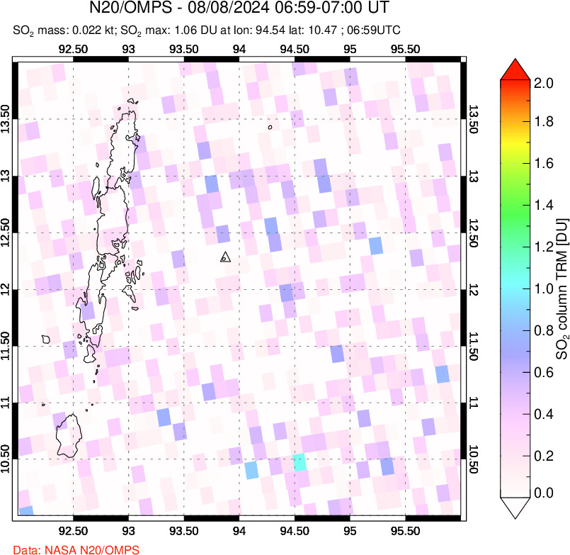 A sulfur dioxide image over Andaman Islands, Indian Ocean on Aug 08, 2024.