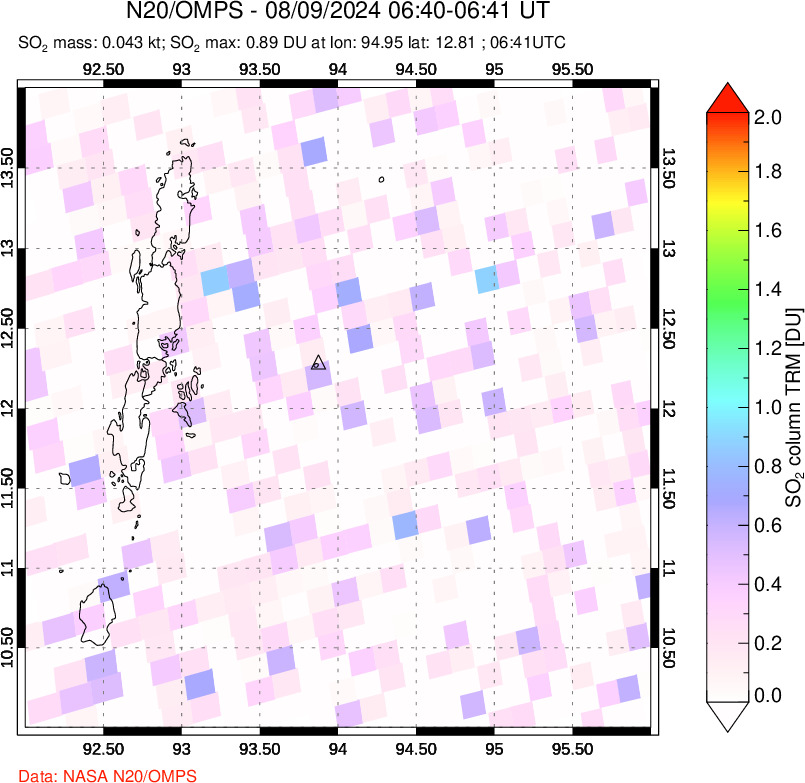 A sulfur dioxide image over Andaman Islands, Indian Ocean on Aug 09, 2024.