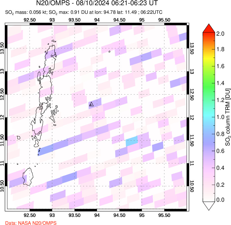 A sulfur dioxide image over Andaman Islands, Indian Ocean on Aug 10, 2024.