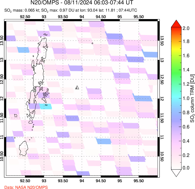 A sulfur dioxide image over Andaman Islands, Indian Ocean on Aug 11, 2024.