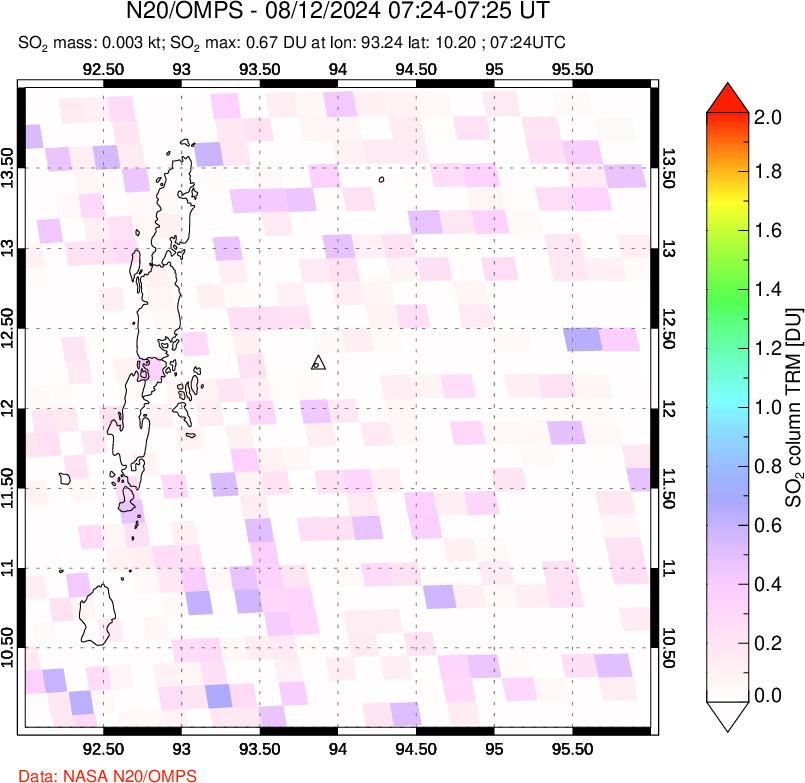 A sulfur dioxide image over Andaman Islands, Indian Ocean on Aug 12, 2024.