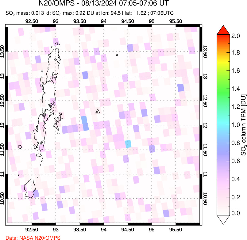 A sulfur dioxide image over Andaman Islands, Indian Ocean on Aug 13, 2024.