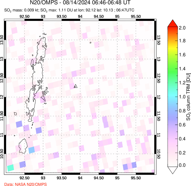 A sulfur dioxide image over Andaman Islands, Indian Ocean on Aug 14, 2024.