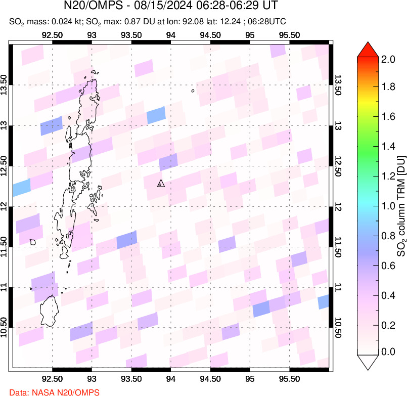 A sulfur dioxide image over Andaman Islands, Indian Ocean on Aug 15, 2024.