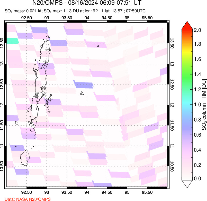 A sulfur dioxide image over Andaman Islands, Indian Ocean on Aug 16, 2024.