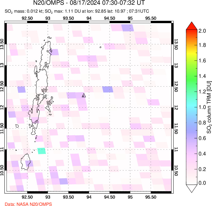 A sulfur dioxide image over Andaman Islands, Indian Ocean on Aug 17, 2024.