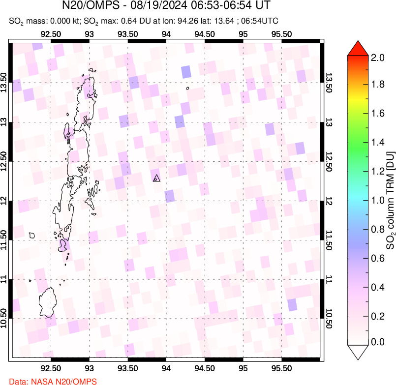 A sulfur dioxide image over Andaman Islands, Indian Ocean on Aug 19, 2024.