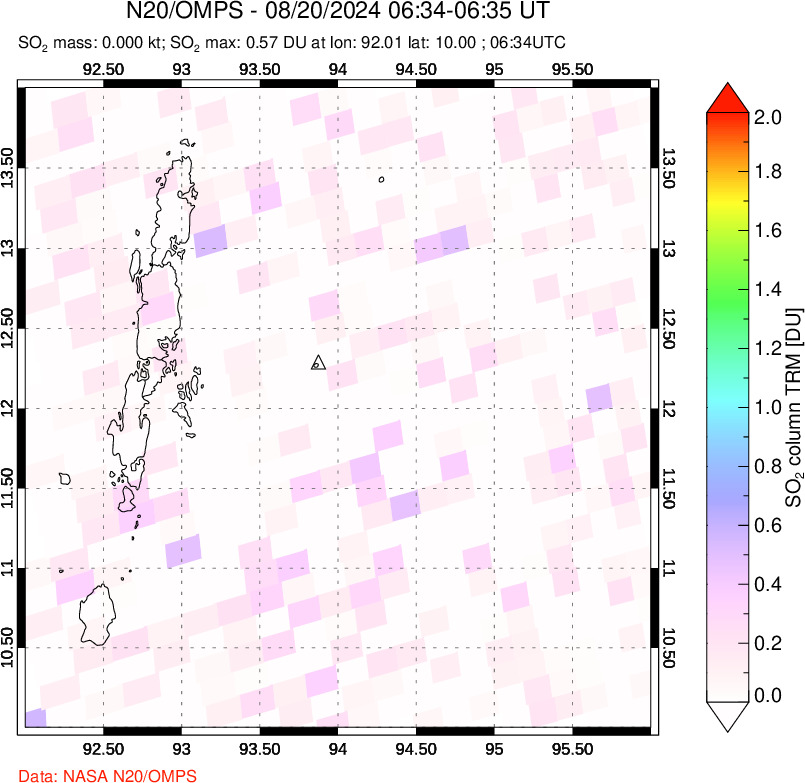 A sulfur dioxide image over Andaman Islands, Indian Ocean on Aug 20, 2024.