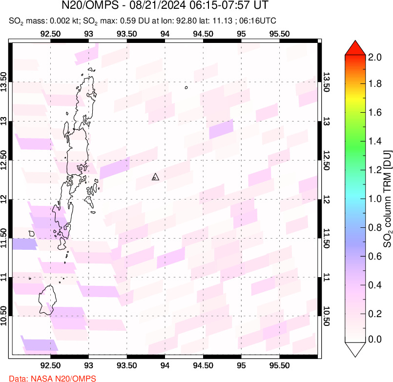 A sulfur dioxide image over Andaman Islands, Indian Ocean on Aug 21, 2024.