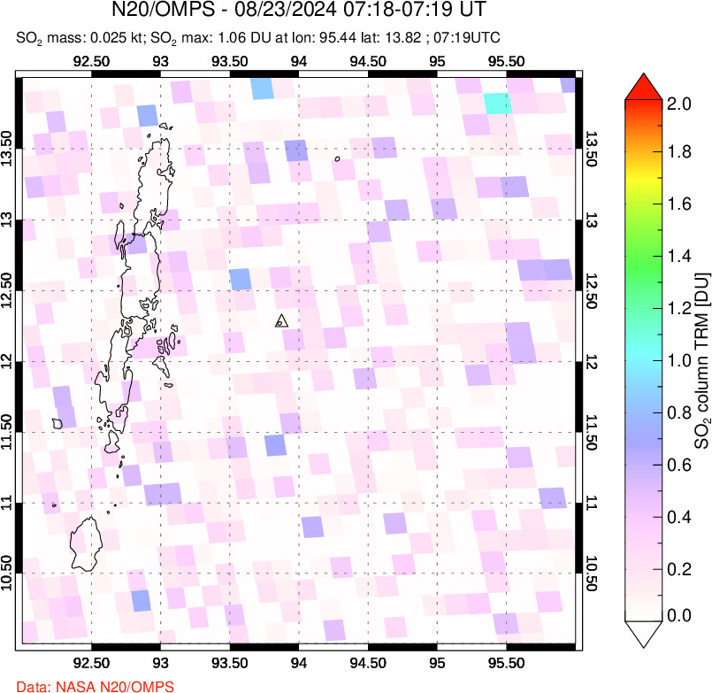 A sulfur dioxide image over Andaman Islands, Indian Ocean on Aug 23, 2024.