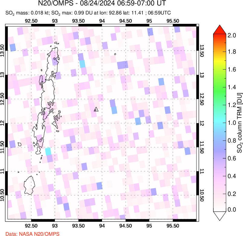 A sulfur dioxide image over Andaman Islands, Indian Ocean on Aug 24, 2024.