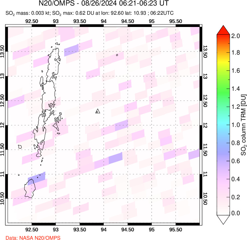 A sulfur dioxide image over Andaman Islands, Indian Ocean on Aug 26, 2024.