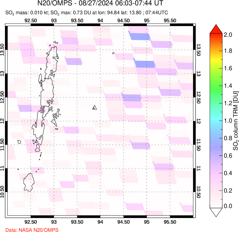 A sulfur dioxide image over Andaman Islands, Indian Ocean on Aug 27, 2024.