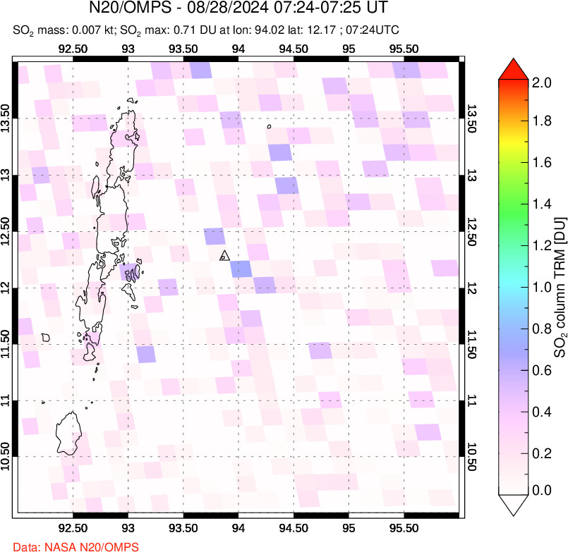 A sulfur dioxide image over Andaman Islands, Indian Ocean on Aug 28, 2024.