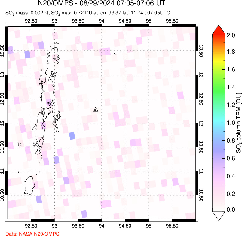 A sulfur dioxide image over Andaman Islands, Indian Ocean on Aug 29, 2024.