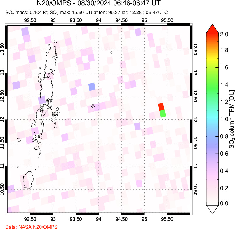 A sulfur dioxide image over Andaman Islands, Indian Ocean on Aug 30, 2024.