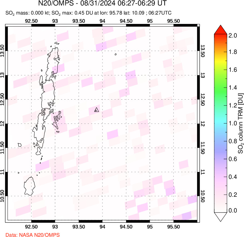 A sulfur dioxide image over Andaman Islands, Indian Ocean on Aug 31, 2024.