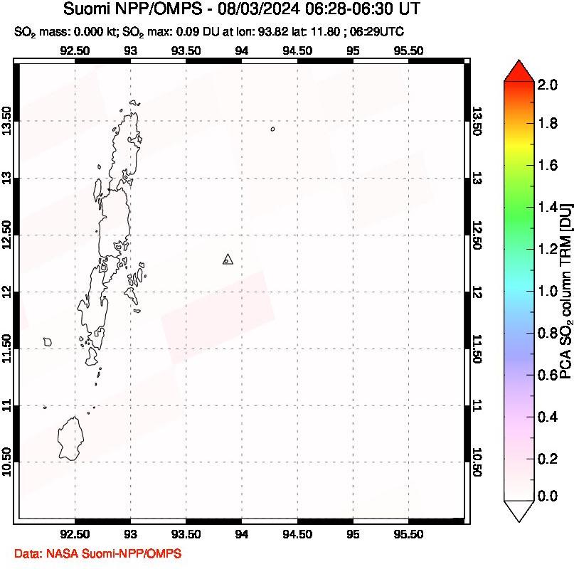 A sulfur dioxide image over Andaman Islands, Indian Ocean on Aug 03, 2024.