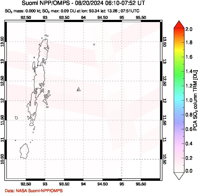 A sulfur dioxide image over Andaman Islands, Indian Ocean on Aug 20, 2024.