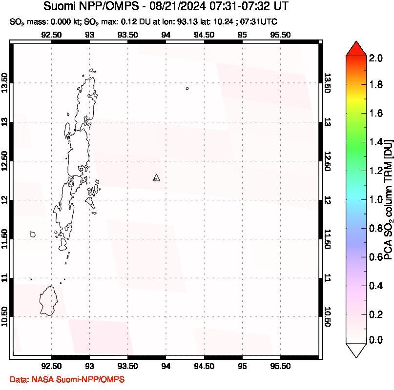 A sulfur dioxide image over Andaman Islands, Indian Ocean on Aug 21, 2024.