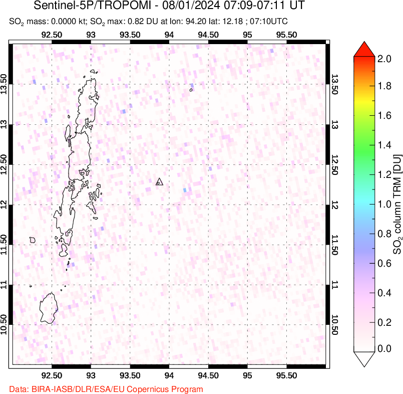 A sulfur dioxide image over Andaman Islands, Indian Ocean on Aug 01, 2024.