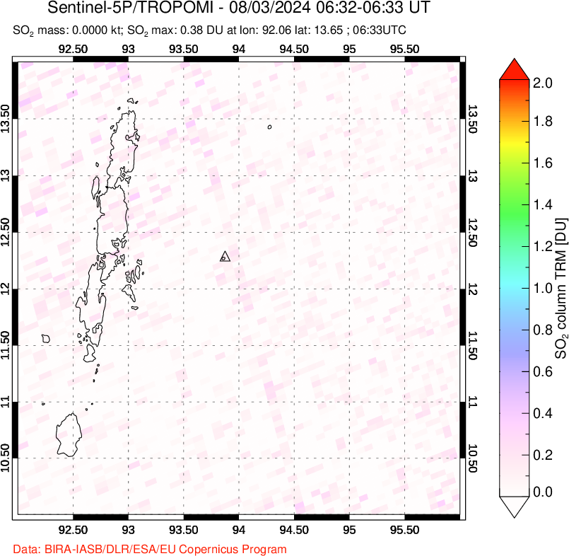 A sulfur dioxide image over Andaman Islands, Indian Ocean on Aug 03, 2024.