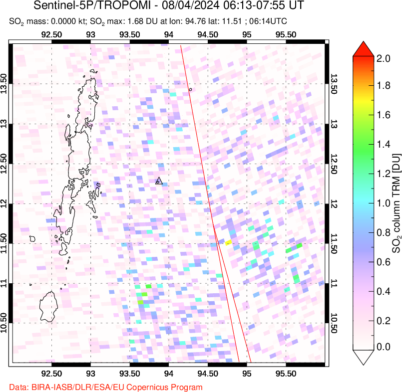 A sulfur dioxide image over Andaman Islands, Indian Ocean on Aug 04, 2024.