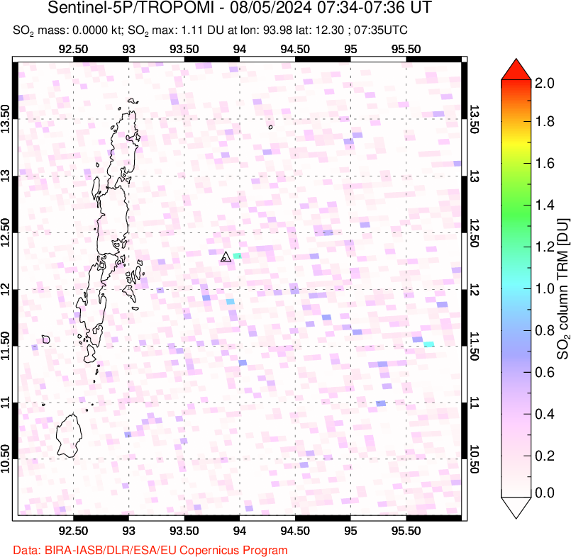 A sulfur dioxide image over Andaman Islands, Indian Ocean on Aug 05, 2024.