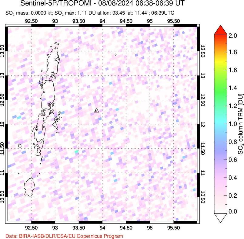 A sulfur dioxide image over Andaman Islands, Indian Ocean on Aug 08, 2024.