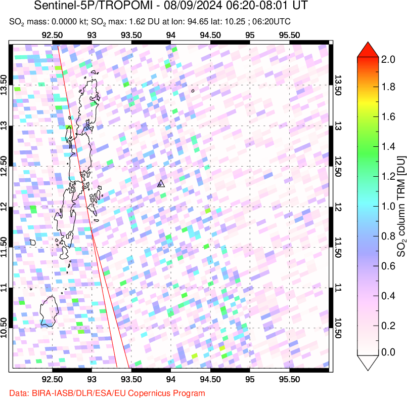 A sulfur dioxide image over Andaman Islands, Indian Ocean on Aug 09, 2024.