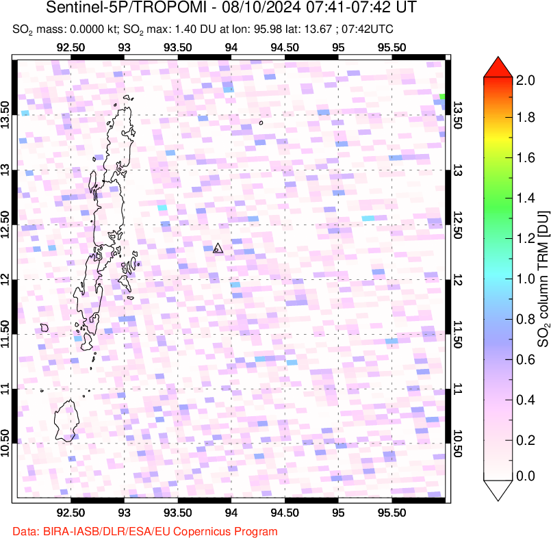 A sulfur dioxide image over Andaman Islands, Indian Ocean on Aug 10, 2024.