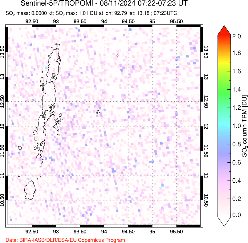 A sulfur dioxide image over Andaman Islands, Indian Ocean on Aug 11, 2024.